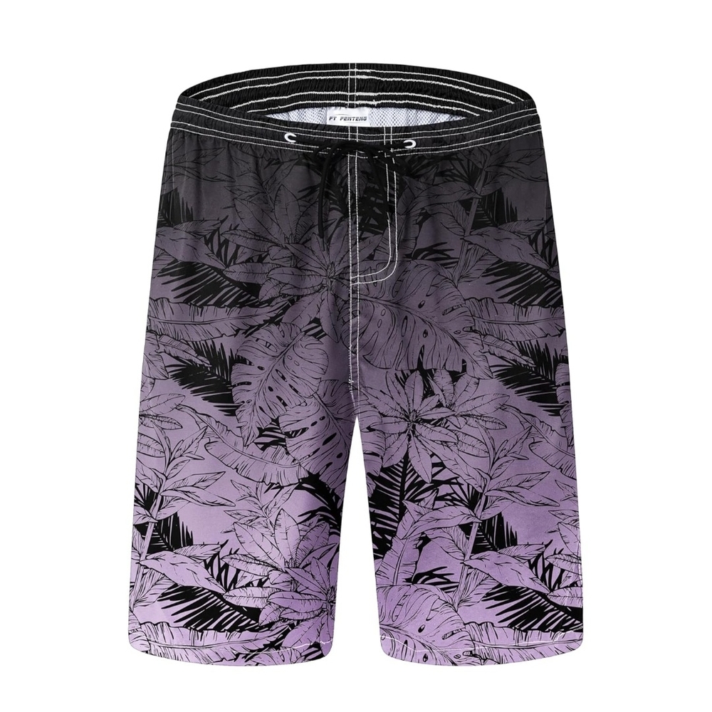 Purple and Black Leaf Print Shorts